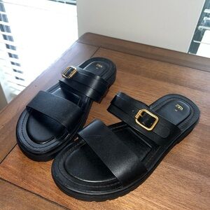 TRACK SOLE LEATHER FLAT SLIDER SANDALS